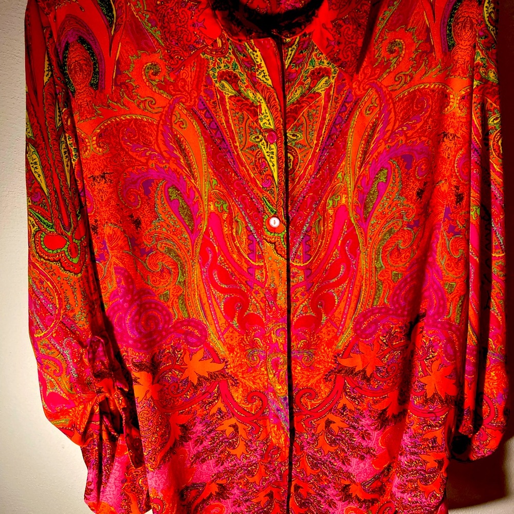 Peter Nygard Orange Paisley Print Front Tie Blouse.